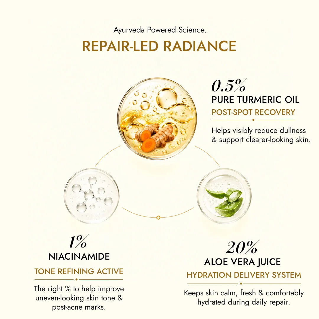 Haridra Quench key ingredients - 0.5% turmeric oil, 1% niacinamide, 20% aloe vera juice for pigmentation on face.
