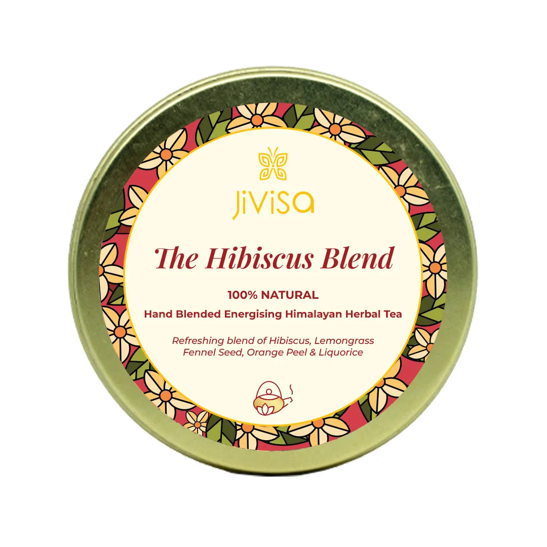 The Hibiscus Blend 25GM tin, a energising herbal tea with hibiscus, lemongrass, fennel seed, orange peel and liquorice