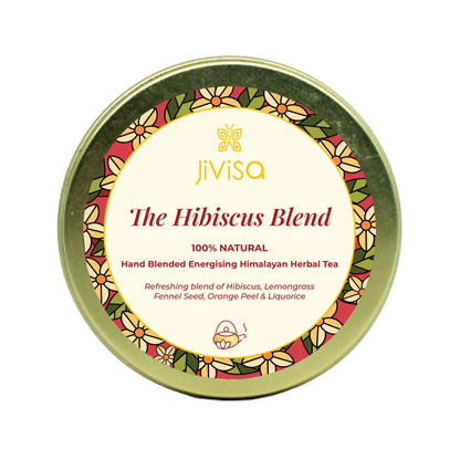 The Hibiscus Blend 25GM tin, a energising herbal tea with hibiscus, lemongrass, fennel seed, orange peel and liquorice