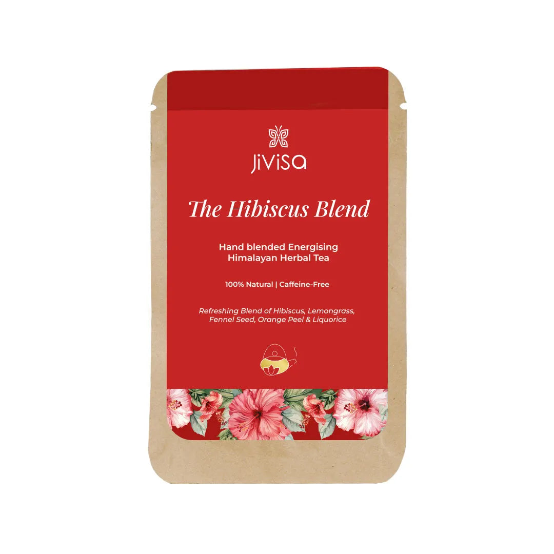 JiViSa The Hibiscus Blend 10GM pouch with hibiscus flowers, a refreshing caffeine-free Himalayan herbal tea