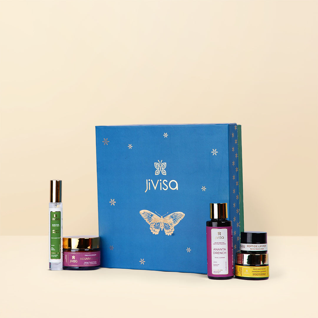 JiViSa Himalayan Self Care Rituals Gift Box for Him with face wash, face cream, aloe gel, lip balm, and face mist in a luxury blue box.