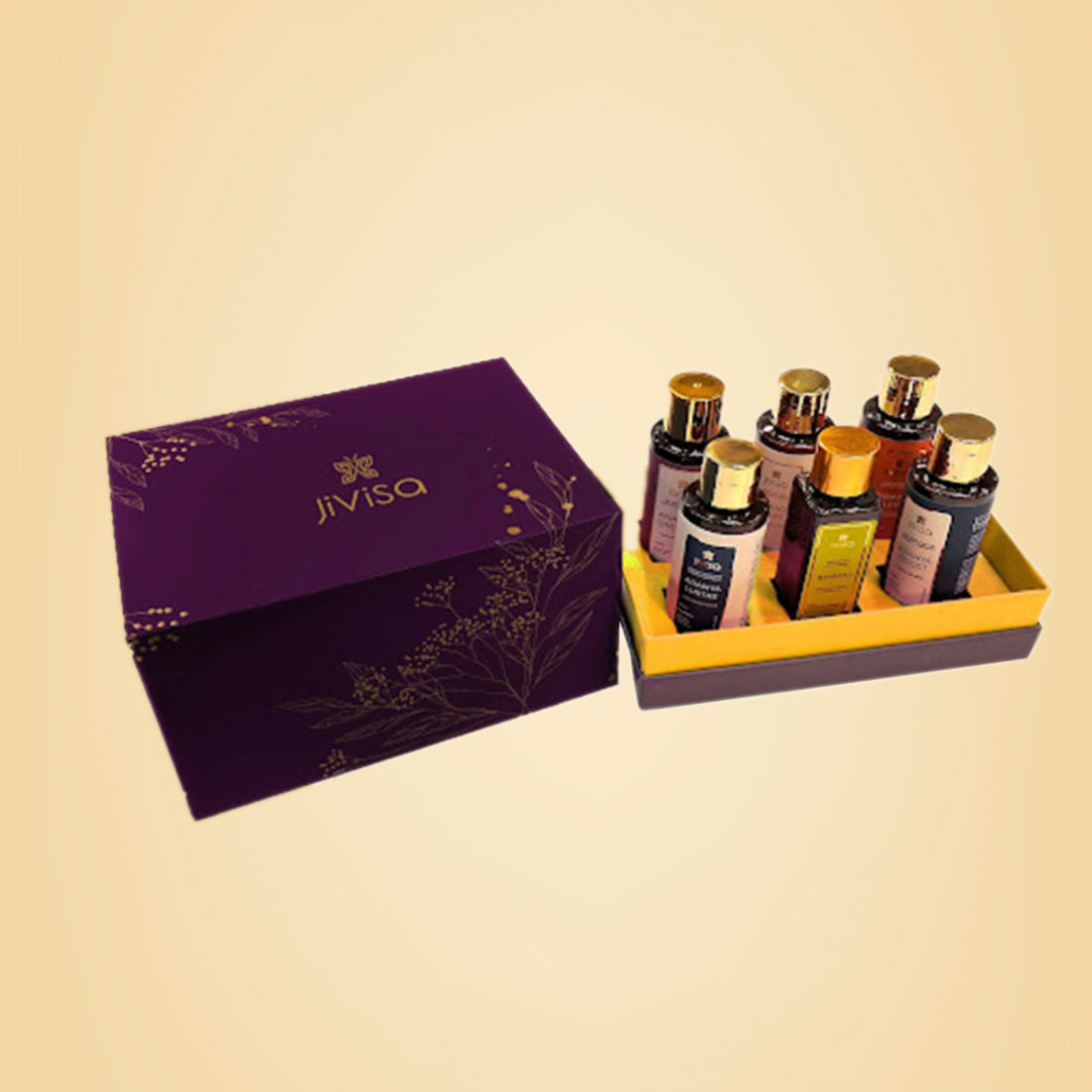 JiViSa Soulful Selfcare Gift Box with face wash, body milk, body cleanser, hair cleanser, hair conditioner, and almond oil in a luxury plum box.