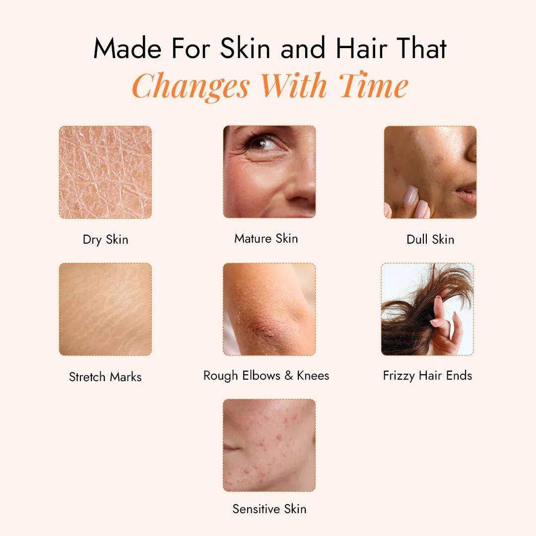 Khubani apricot oil is made for dry skin, mature skin, dull skin, stretch marks, rough elbows and knees, sensitive skin, and frizzy hair ends