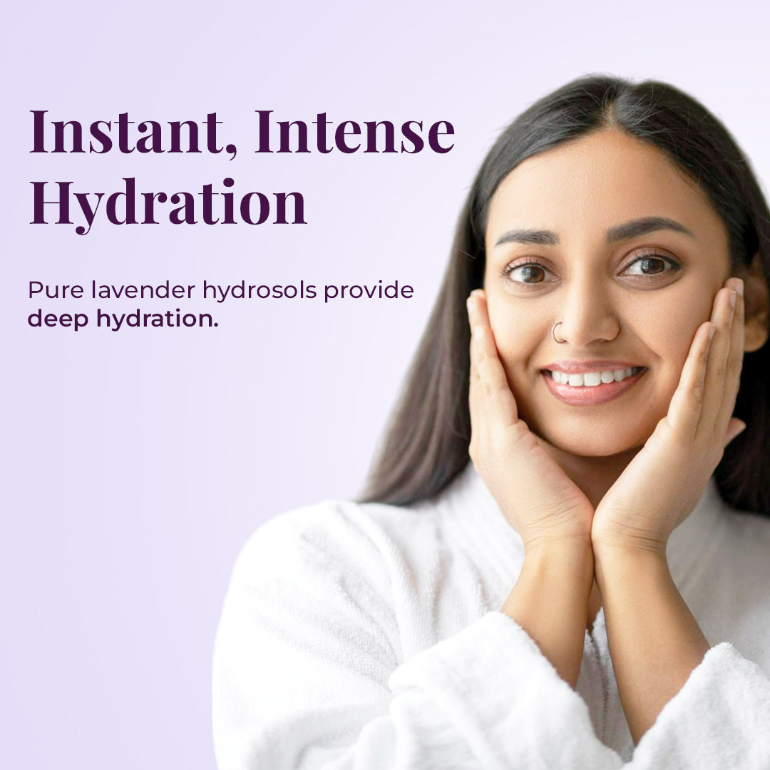 Smiling woman in a white robe gently touching her face, showcasing hydrated skin. Text on the image reads 'Instant, Intense Hydration' and 'Pure lavender hydrosols provide deep hydration,' promoting the moisturizing benefits of a lavender drench 100% pure steam distilled hydrosol.