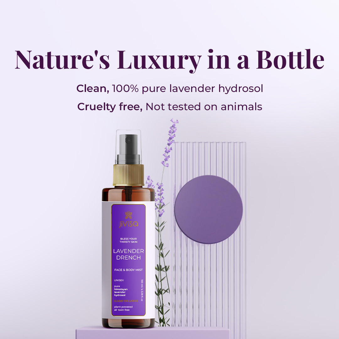 A bottle of Jivisa Lavender Drench Face & Body Mist displayed against a minimalist lavender-themed background. Text highlights the product as 'Nature's Luxury in a Bottle'—clean, 100% pure lavender hydrosol, and cruelty-free, not tested on animals