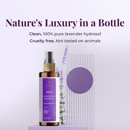 A bottle of Jivisa Lavender Drench Face &amp; Body Mist displayed against a minimalist lavender-themed background. Text highlights the product as &