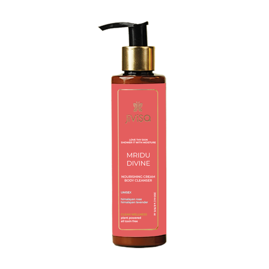 Front view of JiViSa's Mridu Divine Nourishing Cream Body Cleanser, 200ml bottle, featuring a cream label with a red border, the product name, and the tagline 'Love Thy Skin, Shower It with Moisture', highlighting key ingredients like Himalayan rose and Himalayan lavender.