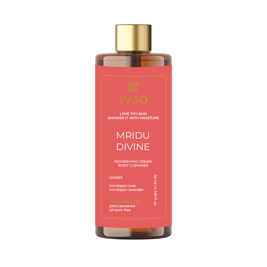 Front view of JiViSa's Mridu Divine Nourishing Cream Body Cleanser, 50ml bottle, featuring a cream label with a red border, the product name, and the tagline 'Love Thy Skin, Shower It with Moisture', highlighting key ingredients like Himalayan rose and Himalayan lavender.