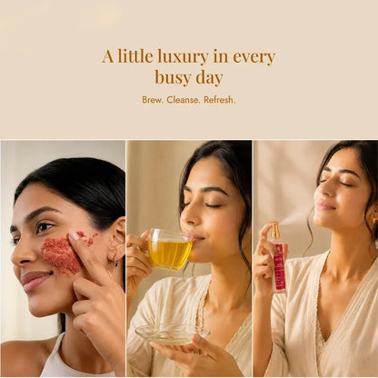 A woman applying Gulab-Chandan Facial Ubtan, drinking The Rose Blend Himalayan herbal tea, and using Rose Drench Face Mist as part of her daily self-care routine.