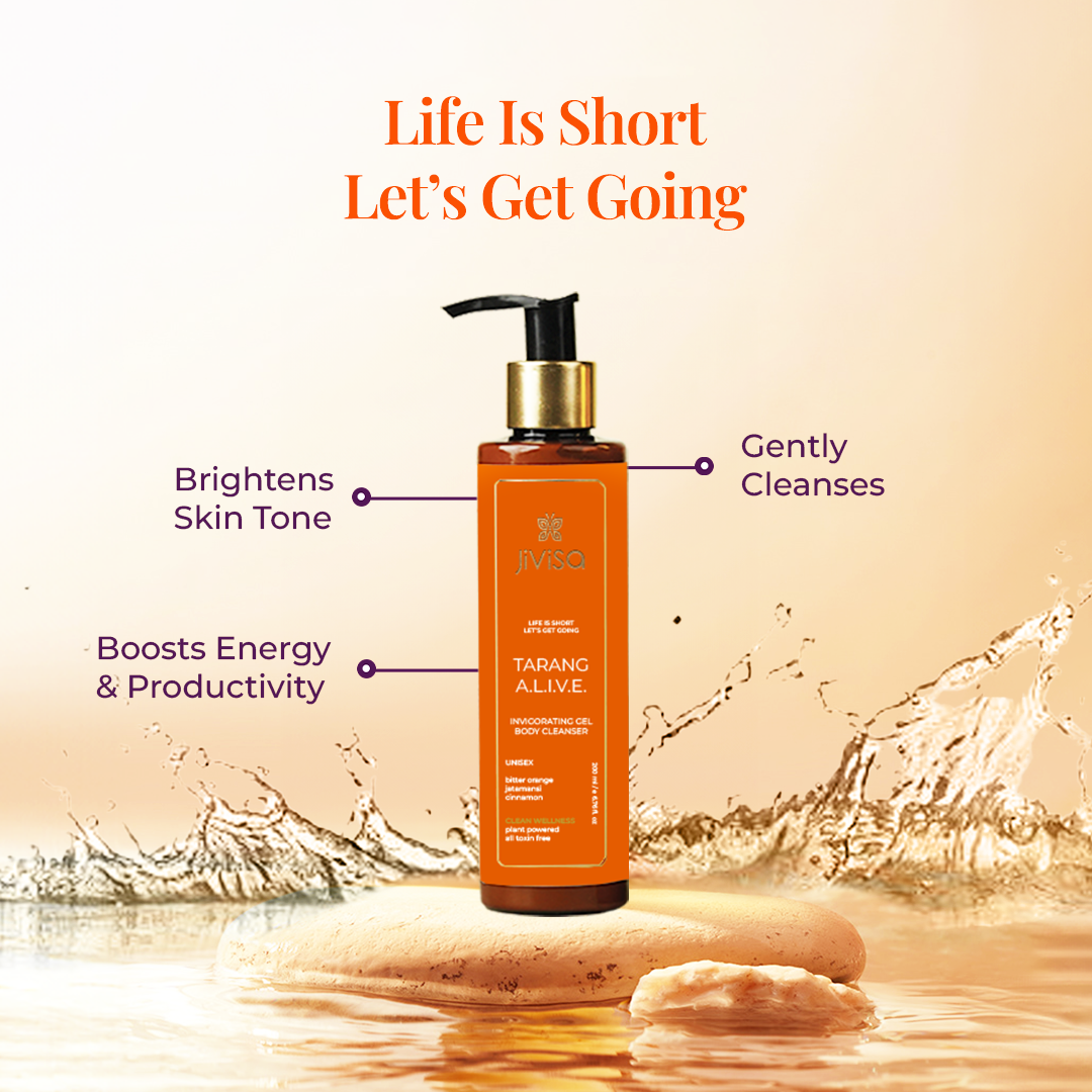  bottle of Tarang Alive Invigorating gel body cleanserwith the text "Life is short let's get going." The benefits highlighted include Gently Cleanses, Brightens Skin Tone, Boosts Energy And Productivity.