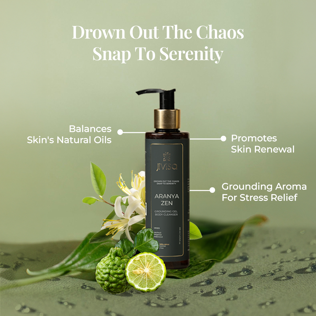 bottle of Jivisa's Aranya Zen Grounding  gel body cleanser and the text highlighted as" Drown Out the chaos snap to serenity and the key benefits described as Balances, Skin's Natural Oils, Promotes SAkin Renewal, Grounding Aroma for stress relief.