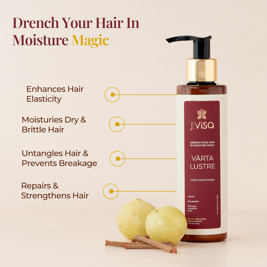 A bottle of JiViSa's Varta Fortify hair conditioner with the text " Drench Your hair in moisture Magic". The Benefits highlighted include Enhances hair elasticity, Moisturizes Dry and brittle hair, Untangles Hair and Prevents Breakage, Repairs and Strengthens Hair.