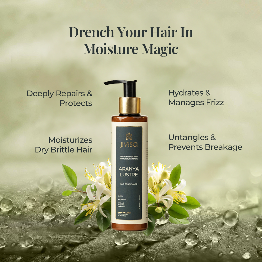  bottle of Jivisa Aranya Lustre hair conditioner with the text "Drench Your Hair In Moisture Magic" The benefits highlighted include Deeply Repairs & Protects, Hydrates & Manages Frizz, Moisturizes Dry Brittle Hair, Untangles & Prevents Breakage.