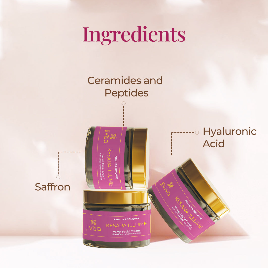 Promotional image for JiViSa's Kesara Illume Velvet Facial Cream featuring three jars of the product and highlighting key ingredients: saffron, ceramides and peptides, and hyaluronic acid.