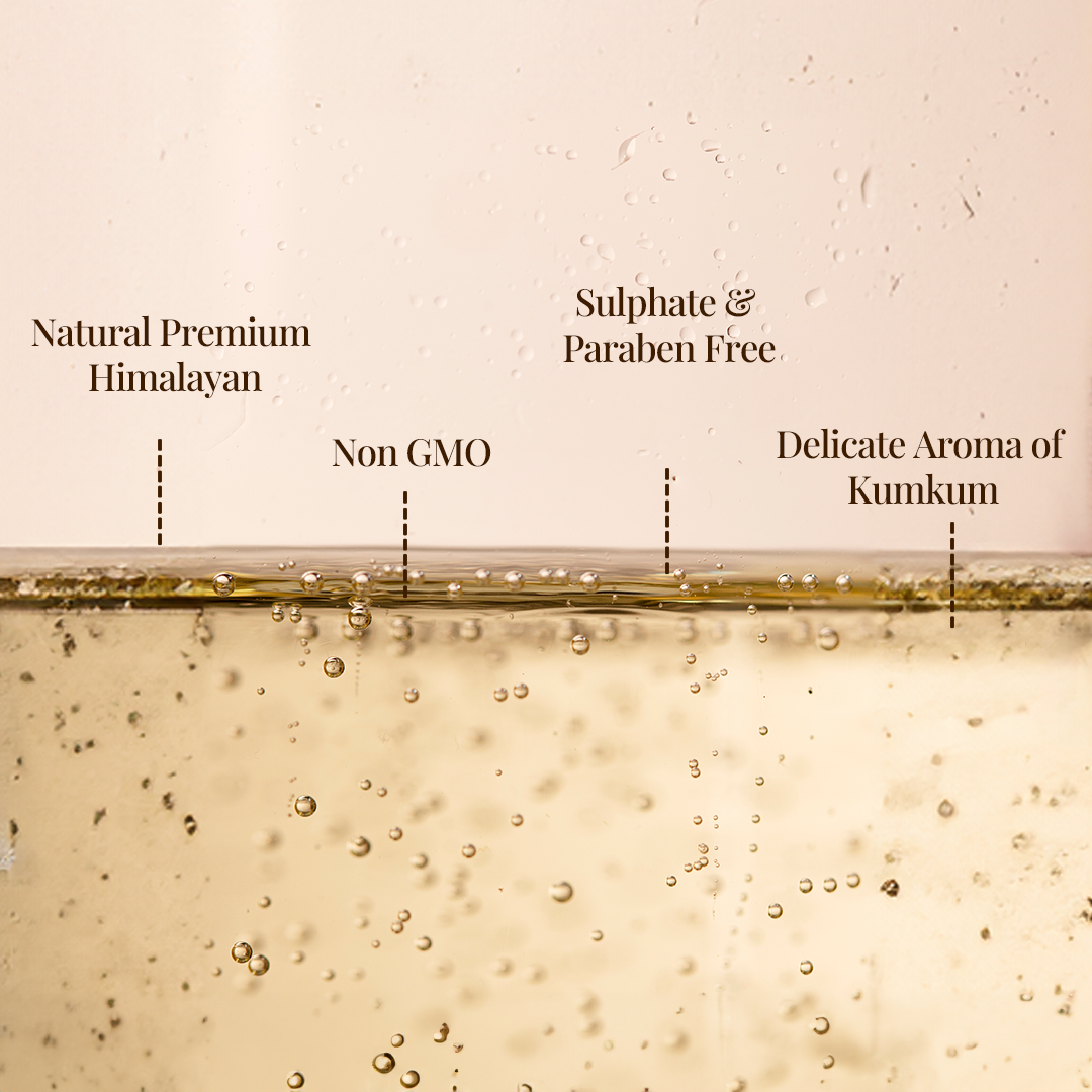 A close-up of the cleanser's formula, showcasing the qualities: Natural Premium Himalayan, Non-GMO, Sulphate & Paraben-Free, and Delicate Aroma of Kumkum.