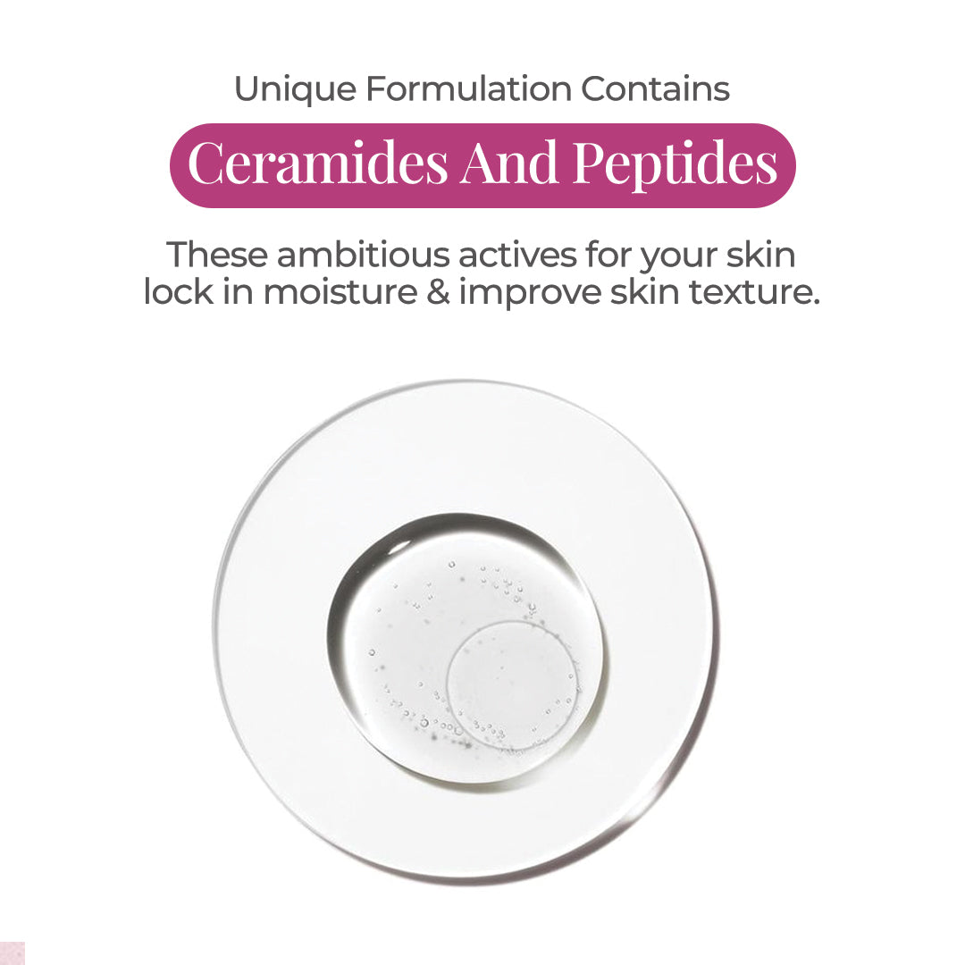 Promotional image for JiViSa's Kesara Illume Velvet Facial Cream focusing on the benefits of ceramides and peptides. Text highlights that these ambitious actives lock in moisture and improve skin texture, with an image of a clear, textured liquid.