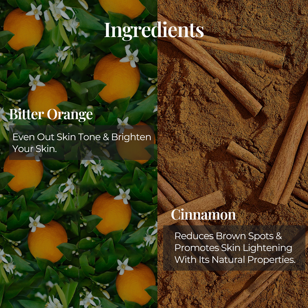 Close up images of key ingredients of Tarang alive body cleanser. on the left side  Bitter orange is described as Even Out skin tone and brightens your skin. and on the right side Cinnamon is described as Reduces Brown Spots And Promotes skin lightening with its natural properties.