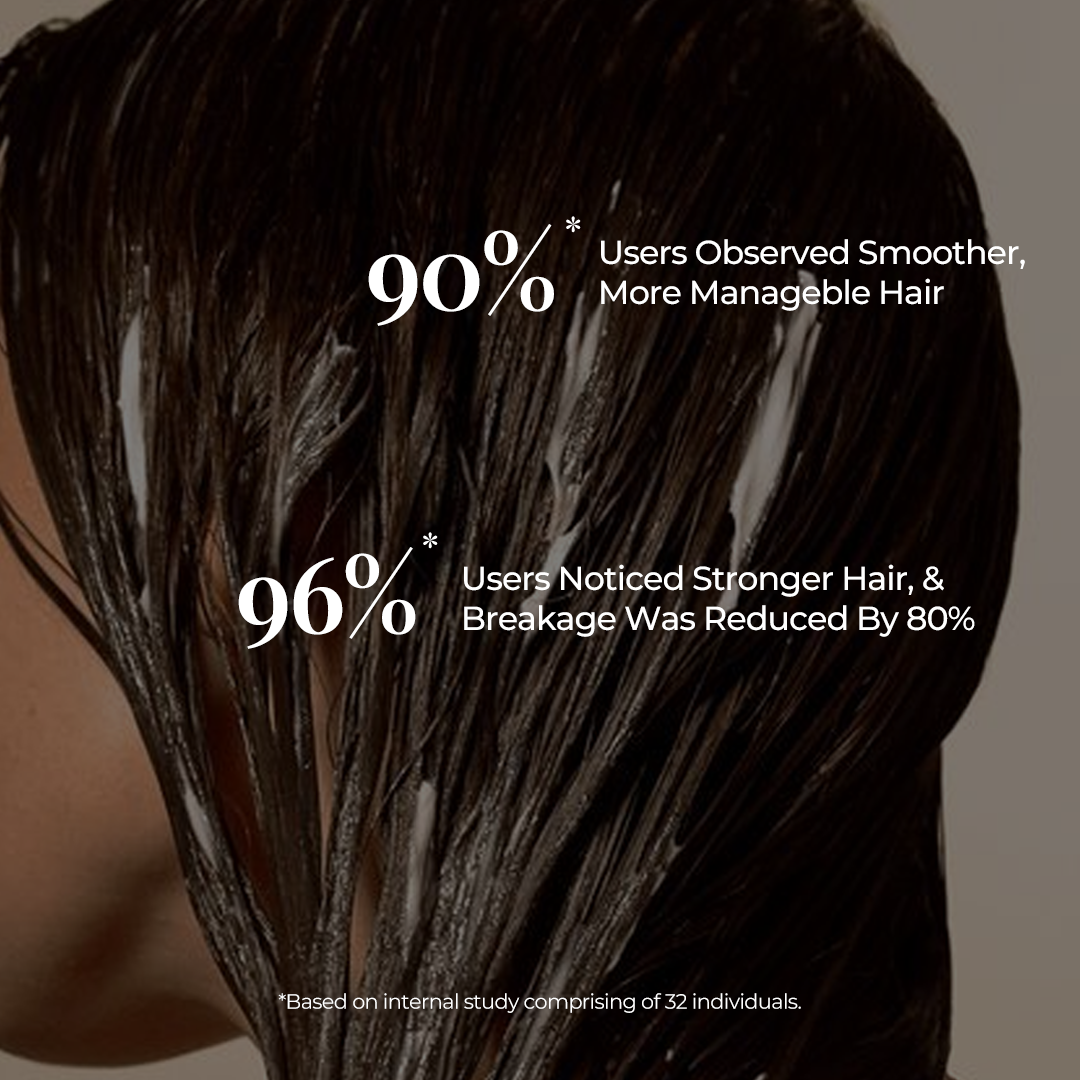 A close-up of a woman applies Aranya Lustre hair conditioner on her wet hair, with the text highlighting that 90% Users observed smoother, more manageable hair., 96% Users noticed stronger hair, & breakage was reduced by 80% and a line Based on internal study comprising of 32 individuals.