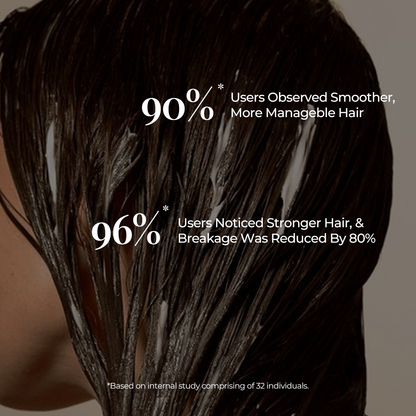 Close up image features a person applied JiViSa Aranya Lustre Hair conditioner, displaying impressive user study results: 90% Users Observed Smoother, More Manageable Hair; 96% Users Noticed Stronger Hair, &amp; Breakage Was Reduced By 80%. Based on internal study comprising of 32 individuals.