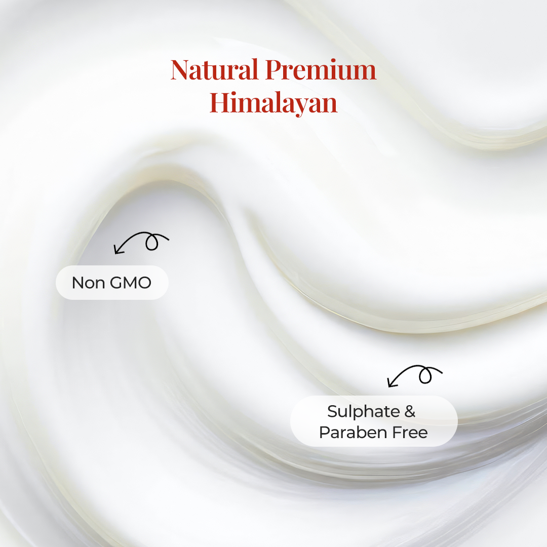 Close-up image showing the texture of Mridu Glaze buttery body milk, highlighting it is Natural premium himalayan, NON GMO, sulphate and paraben free.