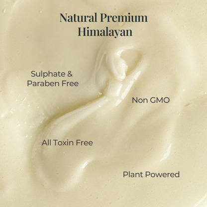 Close-up of JiViSa Aranya Lustre Hair Conditioner cream texture with tagline reads: Natural Premium Himalayan followed by the text describe it as Sulphate &amp; Paraben Free, Non-GMO, All Toxin Free, Plant Powered.