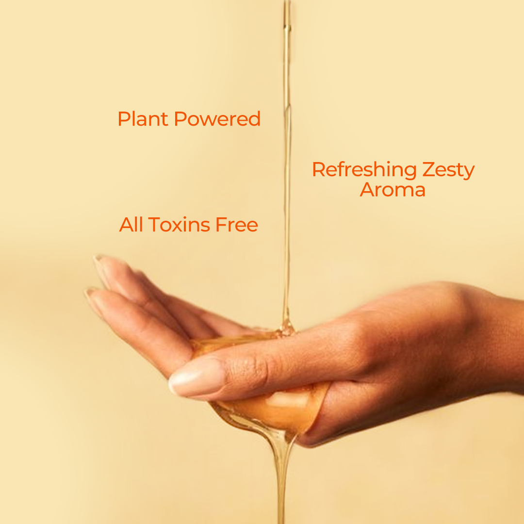 A close-up of the cleanser's formula, showcasing the qualities: Plant powered, All toxin free, Refereshing Zesty Aroma.