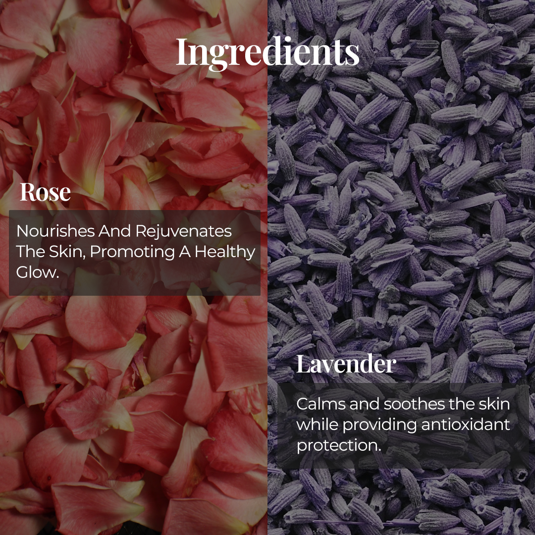 Image showcasing the benefits of key ingredients of Mridu Glaze Buttery body milk. On the left side  Rose is described as " Nourishes and Rejuvenates the skin, promoting a haelthy glow. and on the Right side Lavender is described as " Calm and soothes the skin while providing  antioxidant protection.