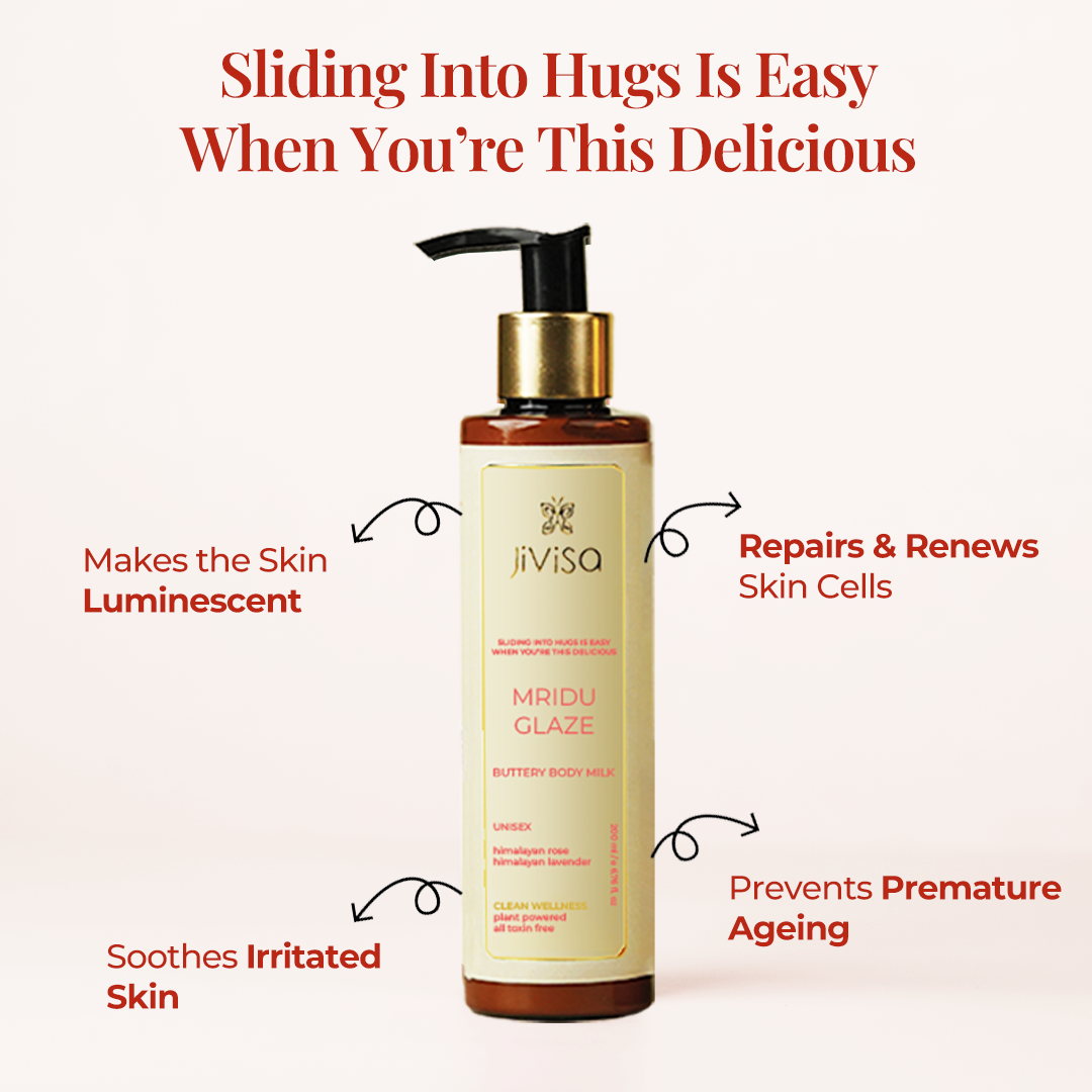  bottle of Mridu Glaze Buttery Body Milk Lotion with the text "Sliding Into Hugs Is Easy When You're This Delicious." The benefits highlighted include Makes the Skin Luminescent, Repairs & Renews Skin Cells, Soothes Irritated, Prevents Premature Ageing.