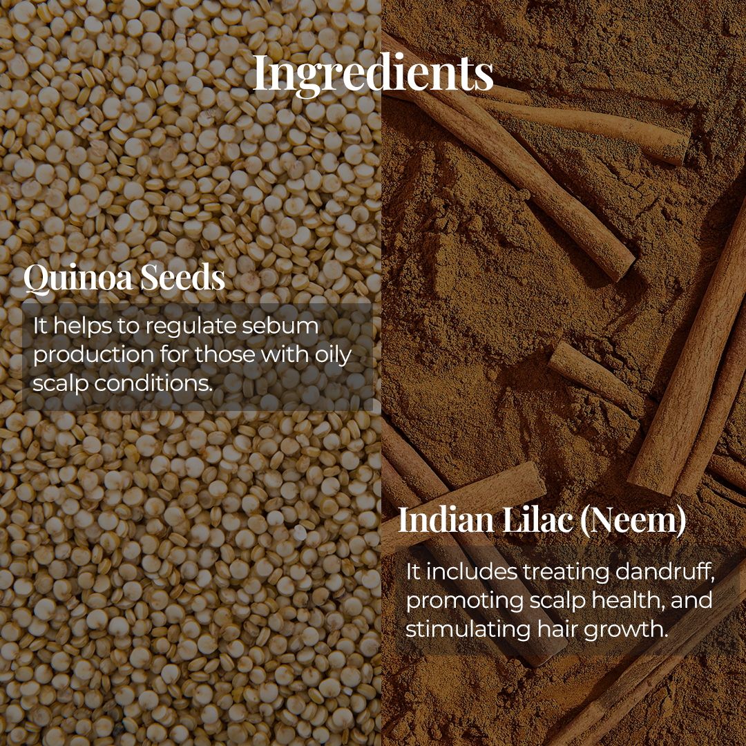 The image is split into two halves. The left side shows a close-up of quinoa seeds with the text "Quinoa Seeds: It helps to regulate sebum production for those with oily scalp conditions." The right side shows a pile of ground Indian Lilac (Neem) powder with the text "Indian Lilac (Neem): It includes treating dandruff, promoting scalp health, and stimulating hair growth."