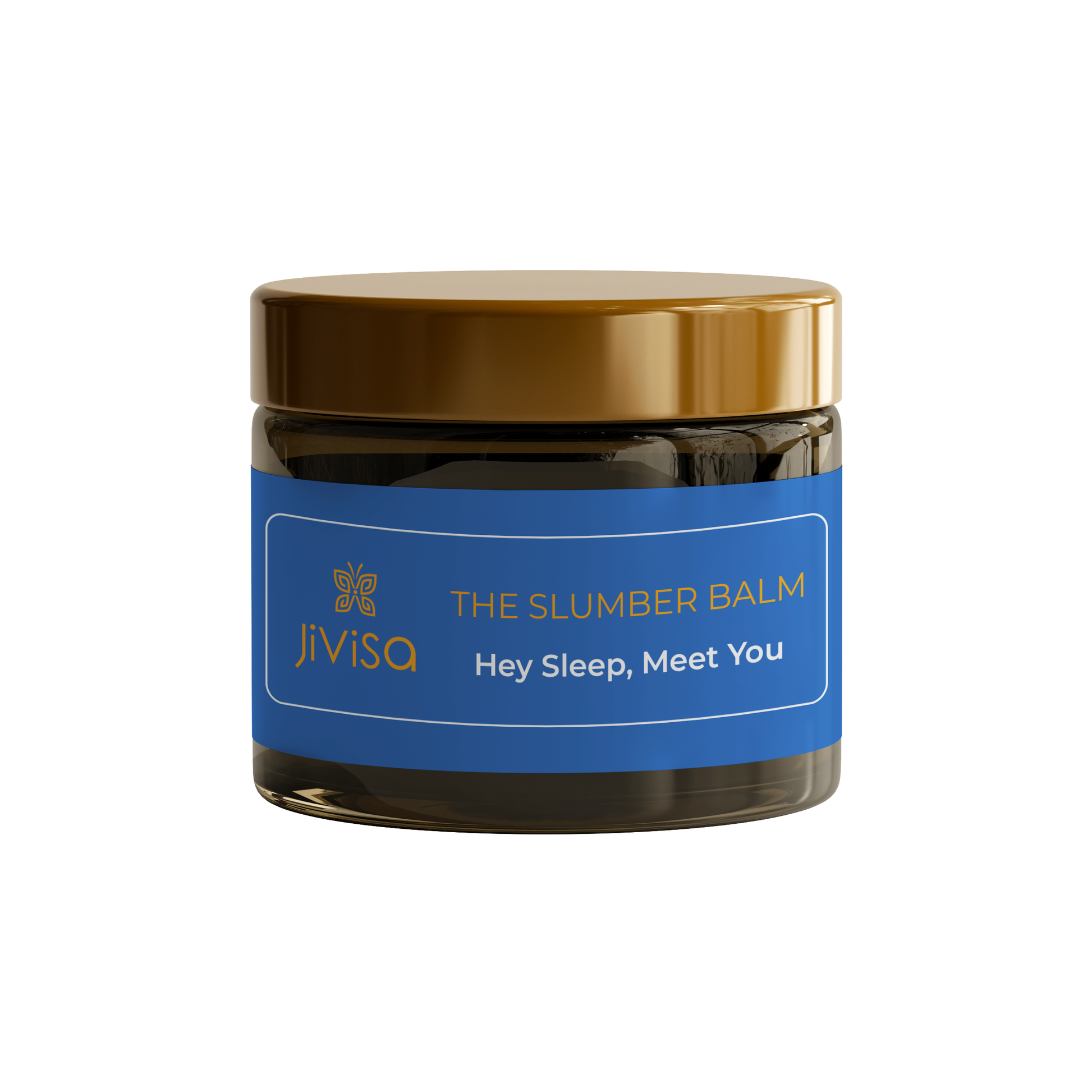 Image of a JiViSa product called 'The Slumber Balm.' The balm comes in a dark glass jar with a golden lid. The label is blue with gold and white text. The JiViSa logo and name are at the top, followed by the product name 'The Slumber Balm' in gold letters. Below that, the tagline 'Hey Sleep, Meet You' is displayed in white text.