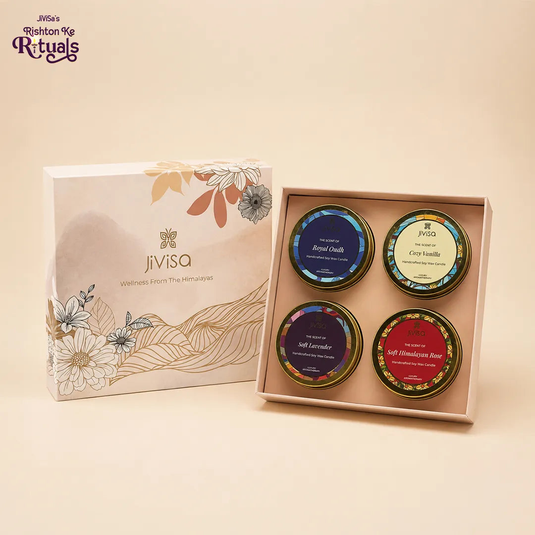 JiViSa Himalayan Light soy wax candle gift set with four aromatherapy candles and floral box