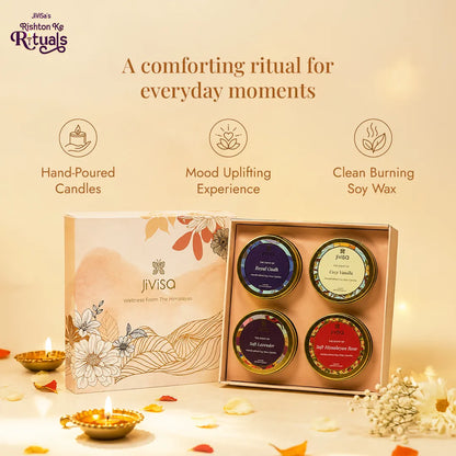 Himalayan Light soy wax scented candle gift set opened, showing four hand poured scented candles in a floral gift box