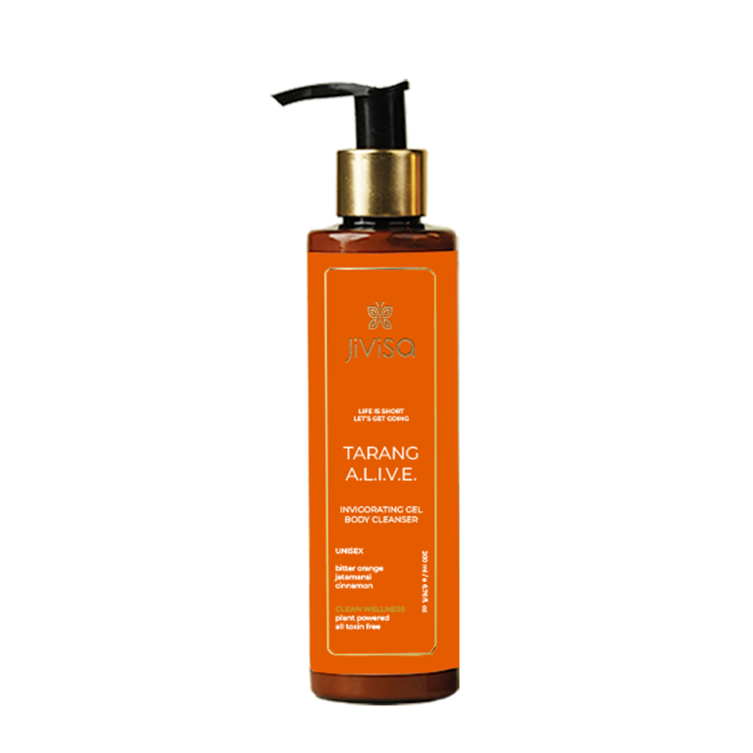 Front view of JiViSa Tarang A.L.I.V.E. Invigorating Gel Body Cleanser 200 ml bottle. The bottle features an orange label with the JiViSa logo and the tagline "Life is Short, Let's Get Going." Key ingredients listed are bitter orange, jatamansi, and cinnamon. The label also notes that the product is unisex, plant-powered, and free from all toxins.