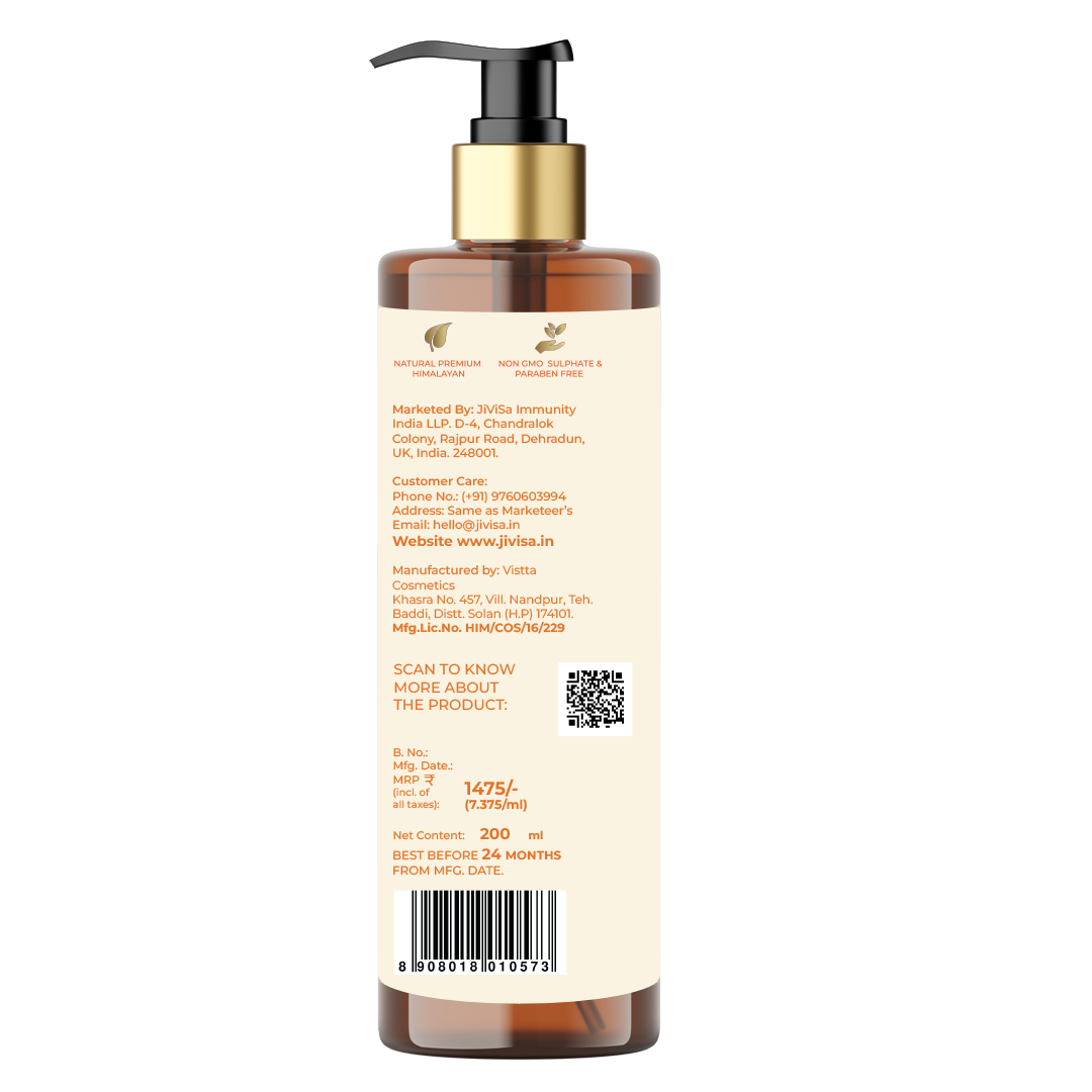 Back label of JiViSa Tarang Glaze Buttery Body Milk, 200ml bottle. The label includes product details such as marketing by JiViSa Immunity India LLP located in Dehradun, UK, India, customer care contact number, manufacturing details by Vista Cosmetics, and product pricing at ₹1475. It also highlights the product's attributes: natural premium Himalayan, non-GMO, sulphate and paraben-free, net content 200ml, best before 24 months from the manufacturing date, and a QR code for more product information.