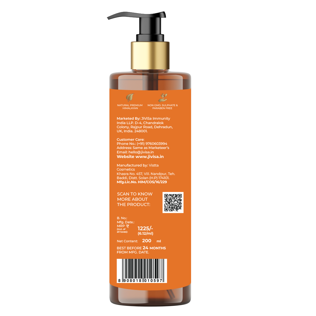 Back label of JiViSa's Tarang Bounce Hair Cleanser, 200 ml. The label highlights the natural premium Himalayan ingredients, non-GMO, sulfate, and paraben-free formulation. It includes product marketing details, customer care contact, manufacturing details, and a QR code for more product information. The MRP is ₹1225 for 200 ml with a best-before date of 24 months from the manufacturing date.