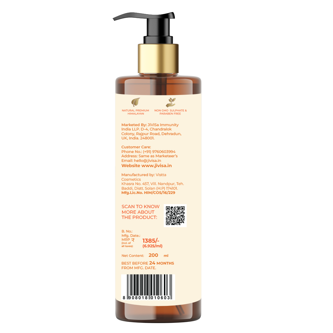 A detailed image of the back label of JiViSa's Tarang Bounce Hair Cleanser. The label includes information such as "Natural Premium Himalayan," "Non-GMO, Sulphate & Paraben Free," and customer care details. It also shows the manufacturing details, QR code for product information, and pricing at ₹1225 for 200 ml with a manufacturing date and best before 24 months from the manufacturing date.