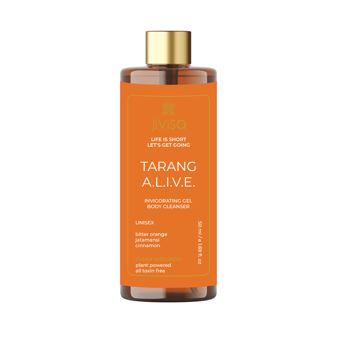 Invigorating Gel Body Cleanser 50 ml bottle. The bottle features an orange label with the JiViSa logo and the tagline "Life is Short, Let's Get Going." Key ingredients listed are bitter orange, jatamansi, and cinnamon. The label also notes that the product is unisex, plant-powered, and free from all toxins.