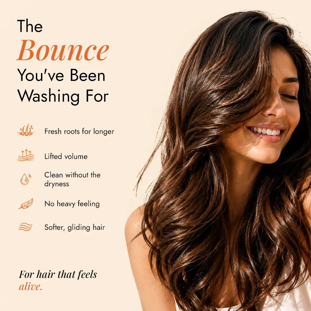Bouncy, voluminous hair after using JiViSa Tarang Bounce — clean without dryness, fresh roots, and no heavy feeling