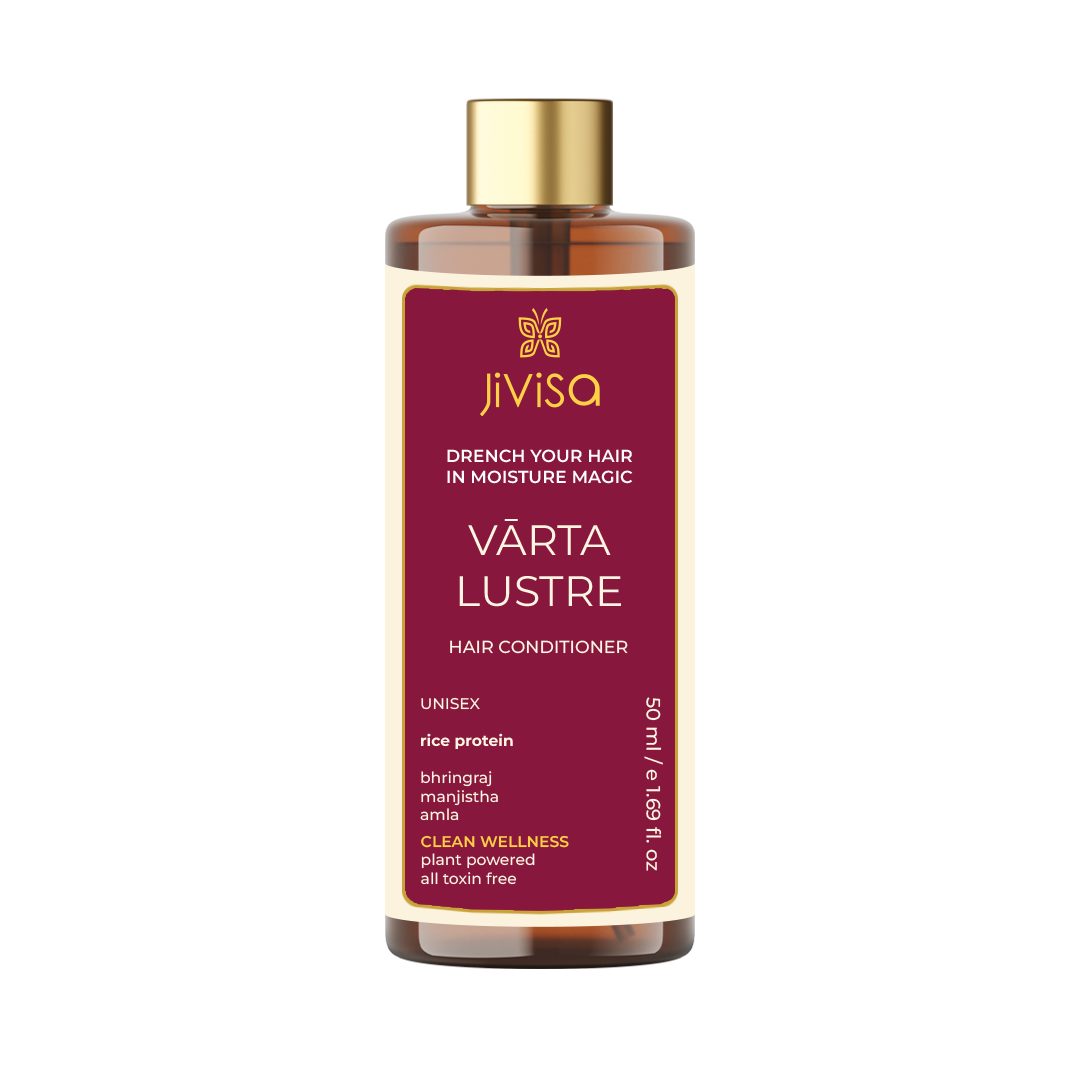 Front view of JiViSa's Varta Lustre Hair Conditioner, 50ml bottle, featuring a maroon label with the product name, key ingredients like bhringraj, manjistha, amla, and the tagline 'Drench Yourself in Moisture Magic'.