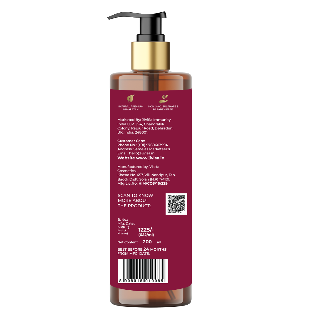 The back view of JiViSa's Varta Fortify Hair Cleanser shows detailed product information. It highlights features such as "Natural Premium Himalayan", "Non-GMO Sulfate & Paraben-Free", and customer care details. The MRP is ₹1225 for 200ml, with a barcode and QR code for additional product information.