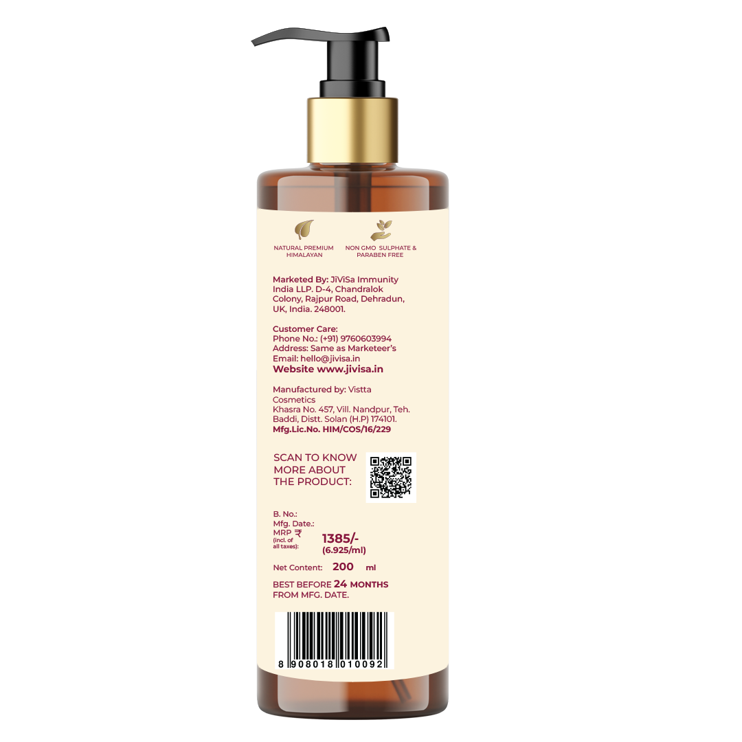 Back view of JiViSa's Varta Lustre Hair Conditioner, 200ml bottle, showing detailed product information including manufacturer and marketer details, customer care information, pricing, manufacturing date, and a QR code for more product details.