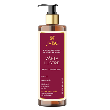 Front view of JiViSa's Varta Lustre Hair Conditioner, 200ml bottle, featuring a maroon label with the product name, key ingredients like bhringraj, manjistha, amla, and the tagline 'Drench Yourself in Moisture Magic'.