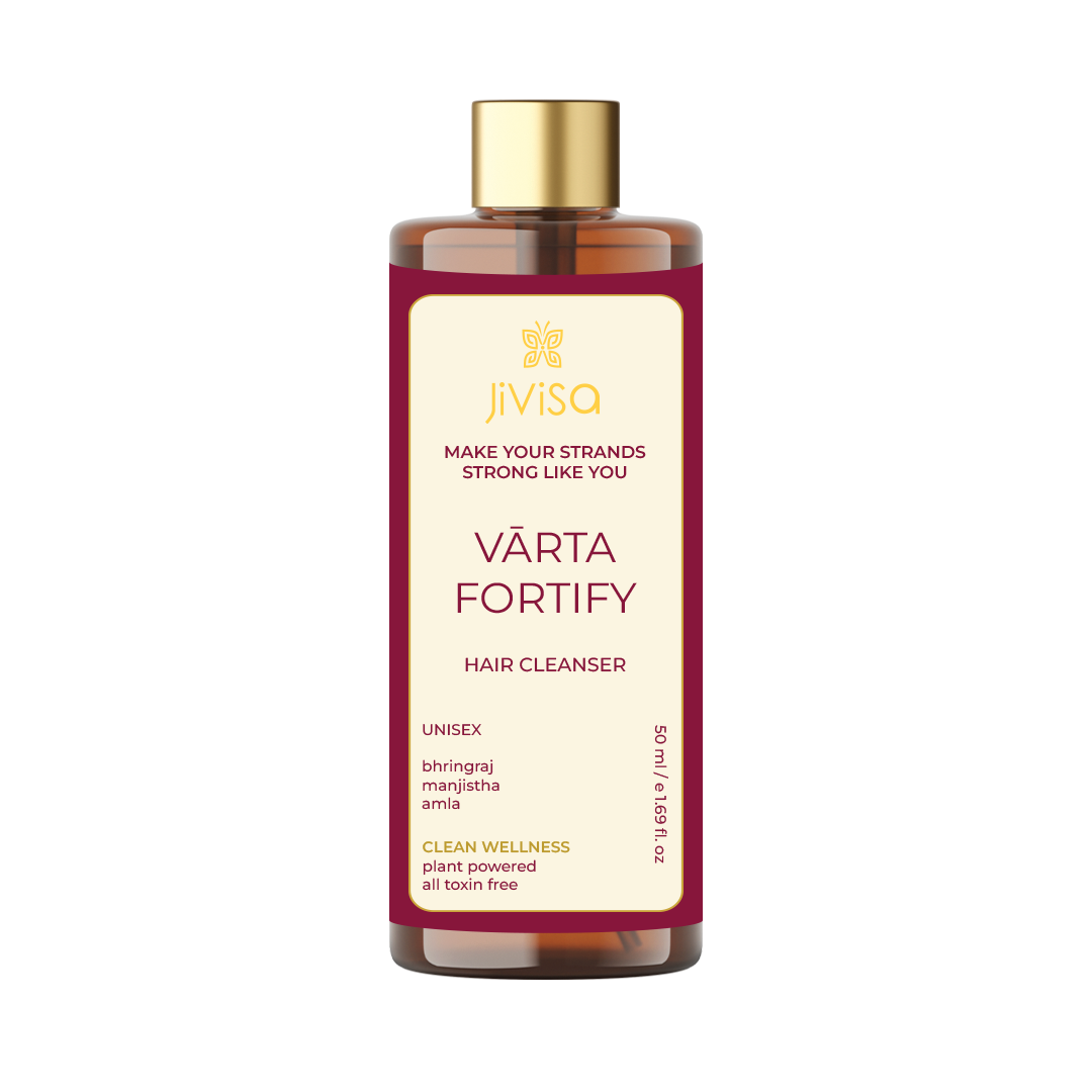 The 50ml version of JiViSa's Varta Fortify Hair Cleanser. The compact design highlights the same benefits and ingredients as the 200ml version, emphasizing strength and fortification of hair strands.