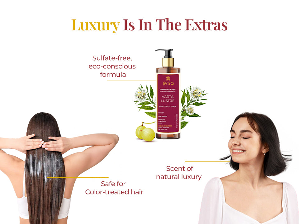 Conditioner bottle with woman showing sulfate free formula safe for color treated hair and natural fragrance.