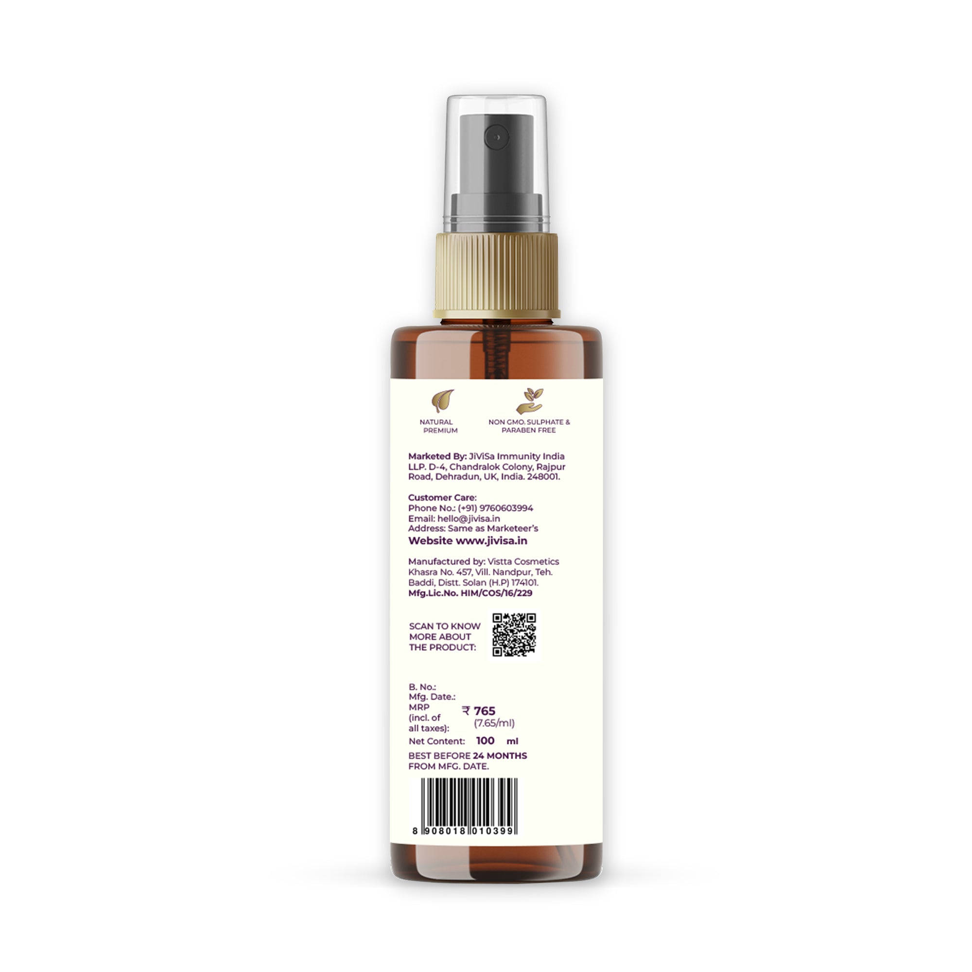 Back image of Vetiver Drench Face &amp; Body Mist 100ml JiViSa-bottle on white background 