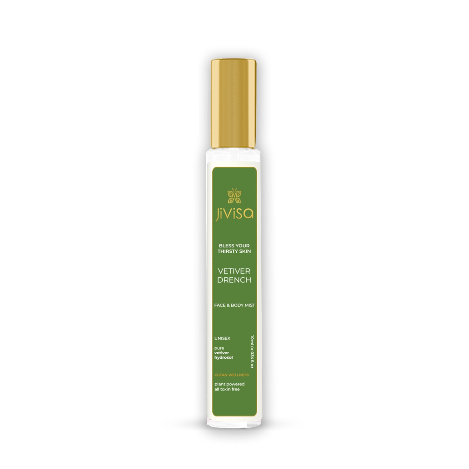 front image of Vetiver Drench Face &amp; Body Mist 10ml JiViSa-bottle on white background 