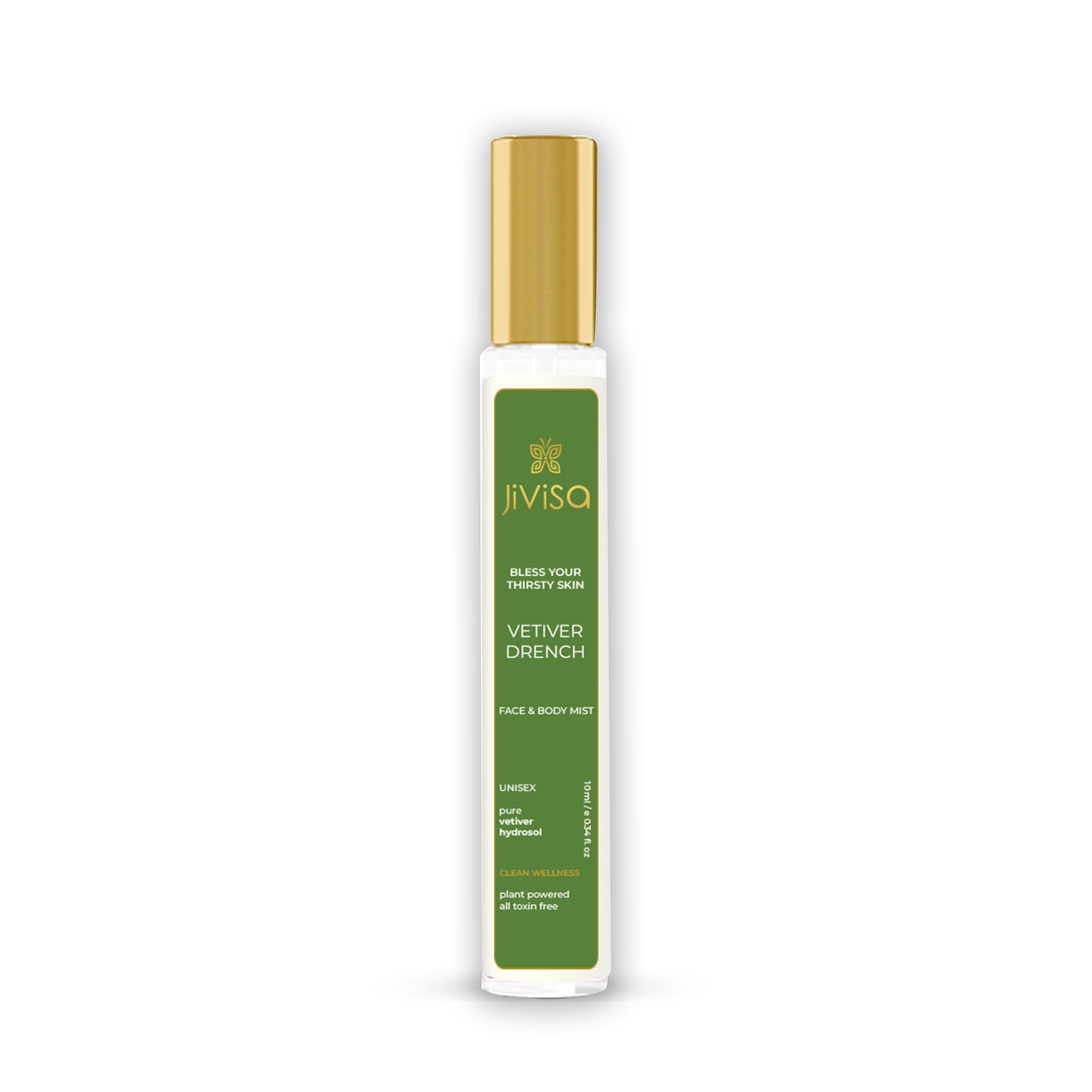 front image of Vetiver Drench Face &amp; Body Mist 10ml JiViSa-bottle on white background 