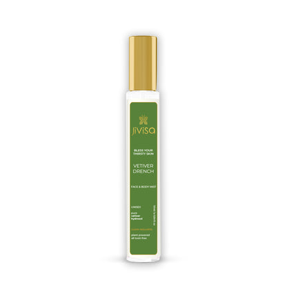 front image of Vetiver Drench Face &amp; Body Mist 10ml JiViSa-bottle on white background 